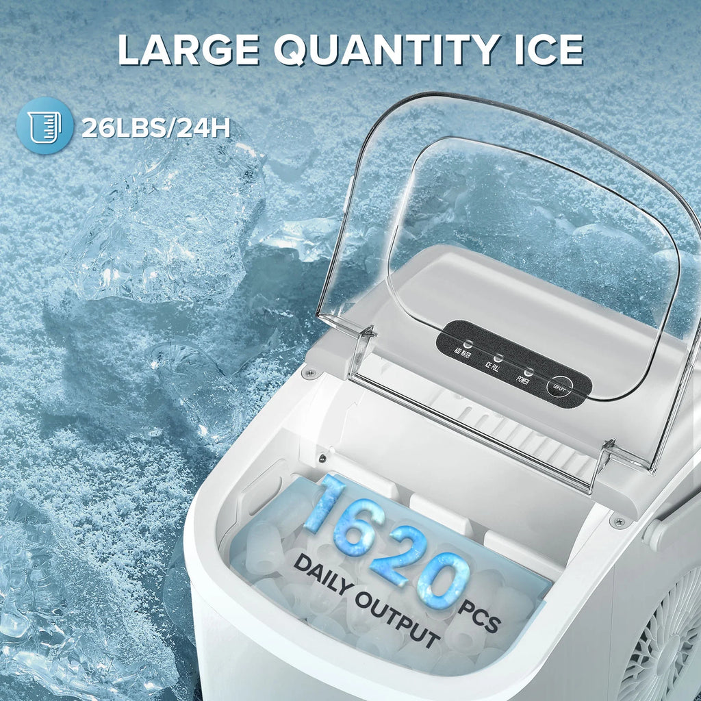 Countertop Ice Maker Machine 26Lbs/24H, 6 Mins/9 Bullets of Ice, Self-Cleaning, White