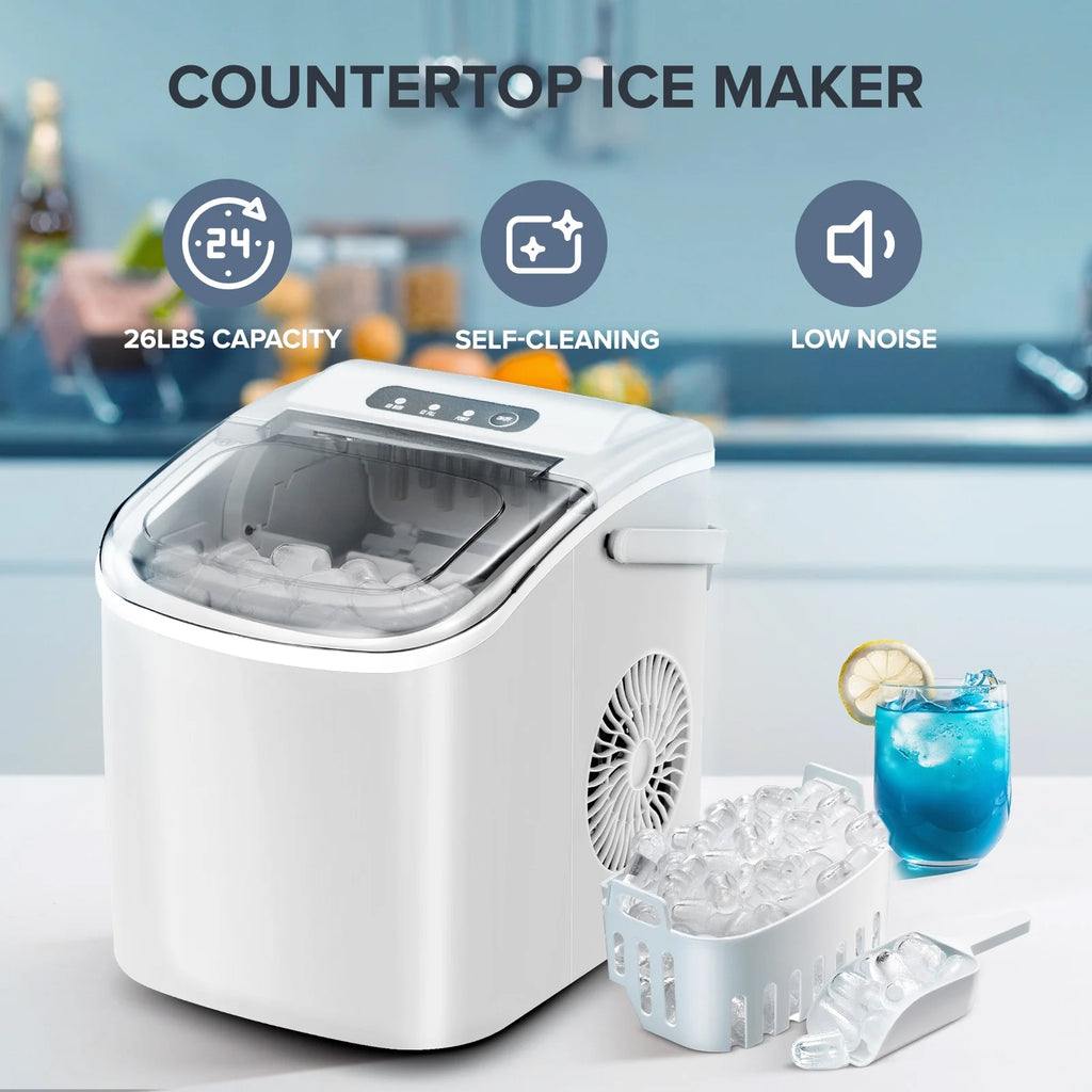 Countertop Ice Maker Machine 26Lbs/24H, 6 Mins/9 Bullets of Ice, Self-Cleaning, White
